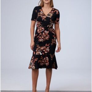 🆕 London Times Pink and Orange Asymmetrical Ruffled Wrap Midi Dress